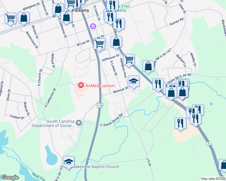 map of restaurants, bars, coffee shops, grocery stores, and more near 114 Pickens Drive in Pickens