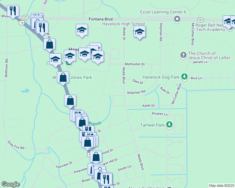 map of restaurants, bars, coffee shops, grocery stores, and more near 107 Twin Wood Drive in Havelock