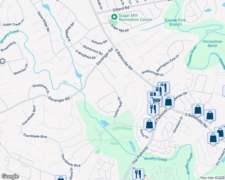 map of restaurants, bars, coffee shops, grocery stores, and more near 202 Father Hugo Drive in Greer
