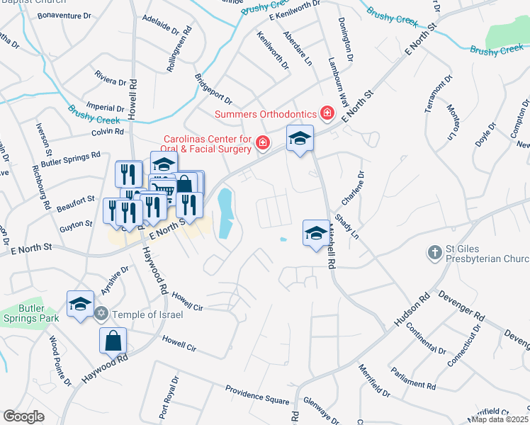 map of restaurants, bars, coffee shops, grocery stores, and more near 427 Cedar Pines Drive in Greenville