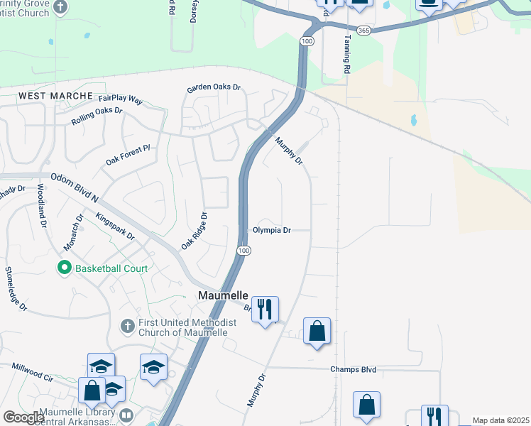 map of restaurants, bars, coffee shops, grocery stores, and more near 101 Olympia Drive in Maumelle