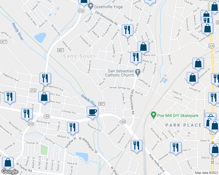 map of restaurants, bars, coffee shops, grocery stores, and more near 210 Verner Springs Rd in Greenville