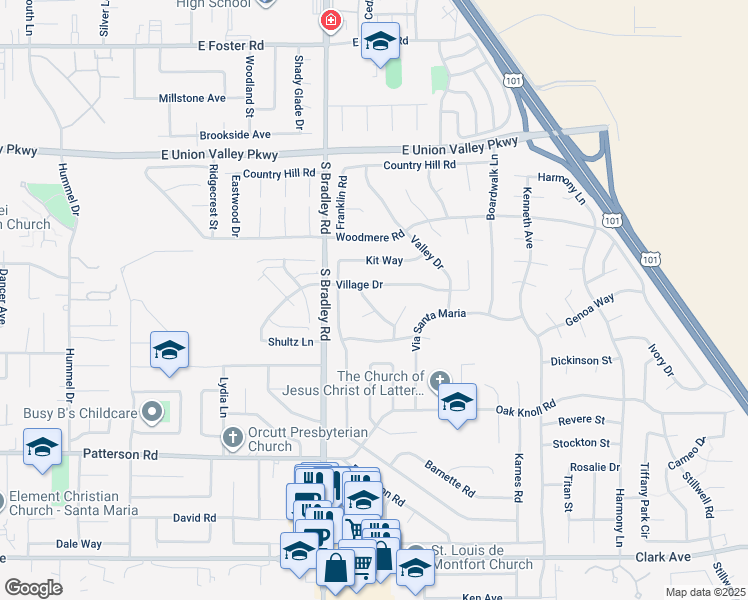 map of restaurants, bars, coffee shops, grocery stores, and more near 4428 Village Knoll Drive in Santa Maria