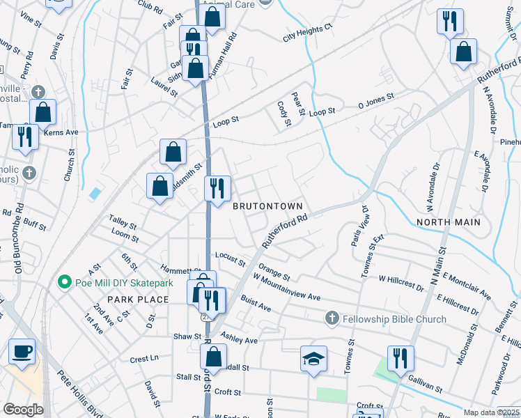 map of restaurants, bars, coffee shops, grocery stores, and more near 7a Love Street in Greenville