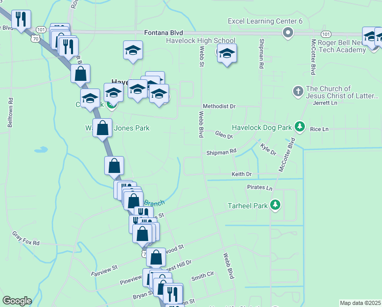 map of restaurants, bars, coffee shops, grocery stores, and more near 106 Twin Wood Drive in Havelock