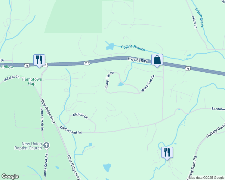map of restaurants, bars, coffee shops, grocery stores, and more near 763 Sharp Top Circle in Blairsville
