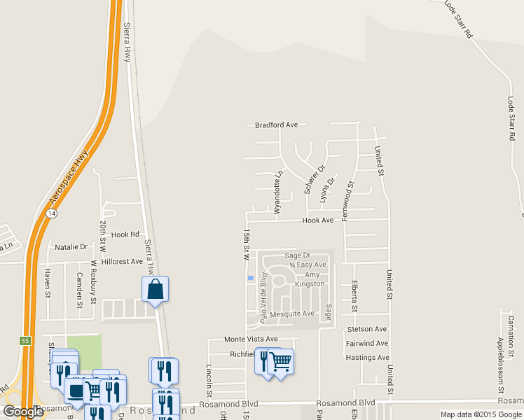 map of restaurants, bars, coffee shops, grocery stores, and more near 3624 Capri Court in Rosamond