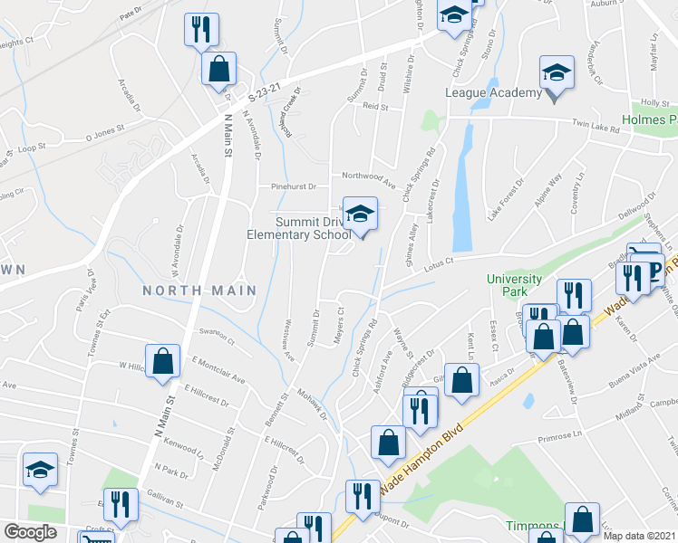 map of restaurants, bars, coffee shops, grocery stores, and more near 7 Poinsettia Place in Greenville