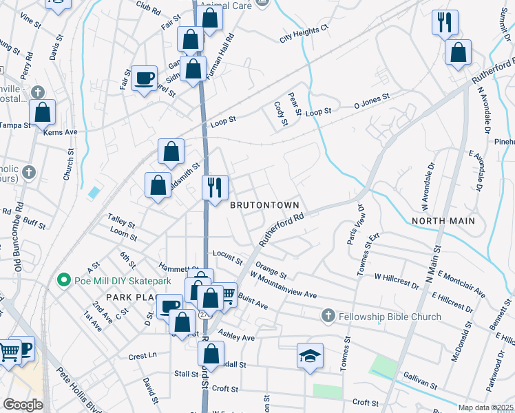 map of restaurants, bars, coffee shops, grocery stores, and more near 7a Love Street in Greenville