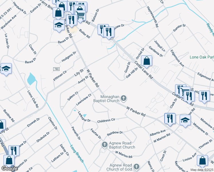 map of restaurants, bars, coffee shops, grocery stores, and more near 1534 West Parker Road in Greenville