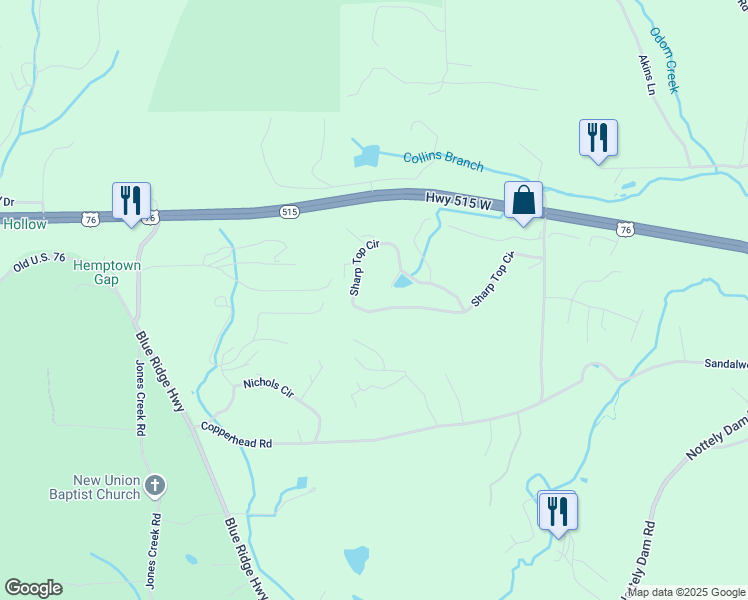 map of restaurants, bars, coffee shops, grocery stores, and more near 763 Sharp Top Circle in Blairsville