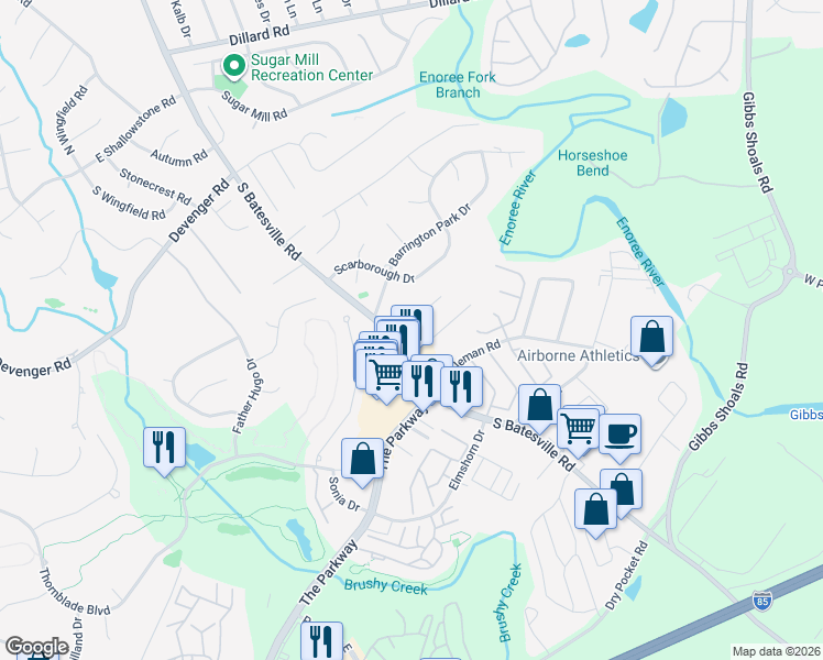 map of restaurants, bars, coffee shops, grocery stores, and more near 1 Bentley Way in Greer