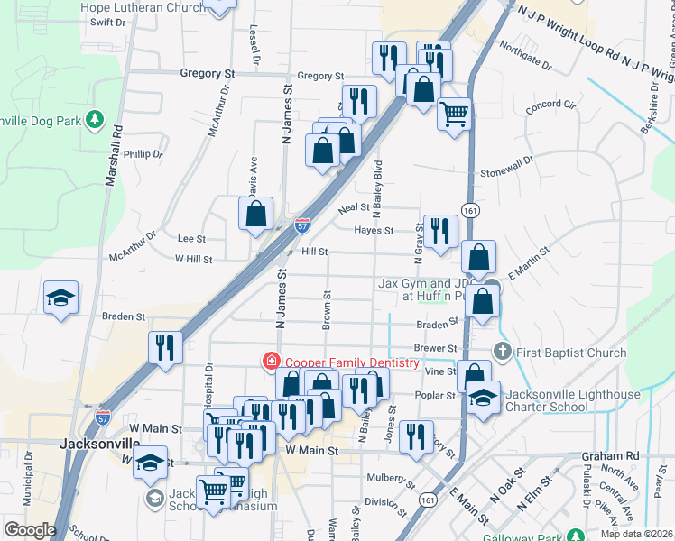 map of restaurants, bars, coffee shops, grocery stores, and more near 513 West Martin Street in Jacksonville