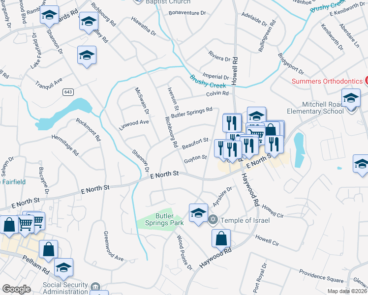 map of restaurants, bars, coffee shops, grocery stores, and more near in Greenville