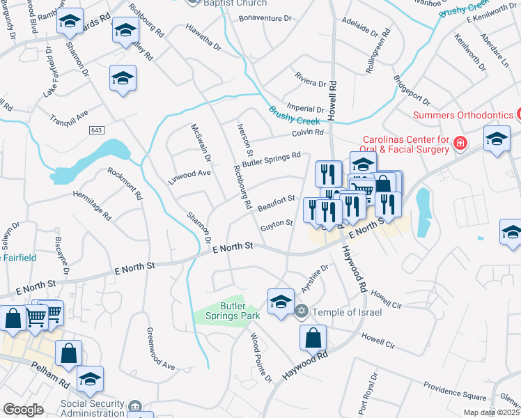 map of restaurants, bars, coffee shops, grocery stores, and more near in Greenville