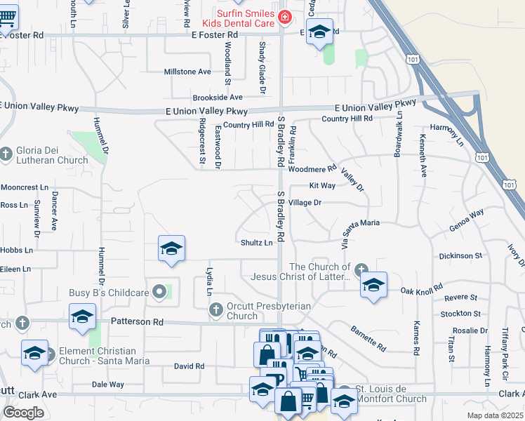 map of restaurants, bars, coffee shops, grocery stores, and more near 1075 Village Drive in Orcutt