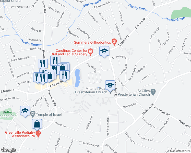 map of restaurants, bars, coffee shops, grocery stores, and more near 110 Pine Walk Drive in Greenville