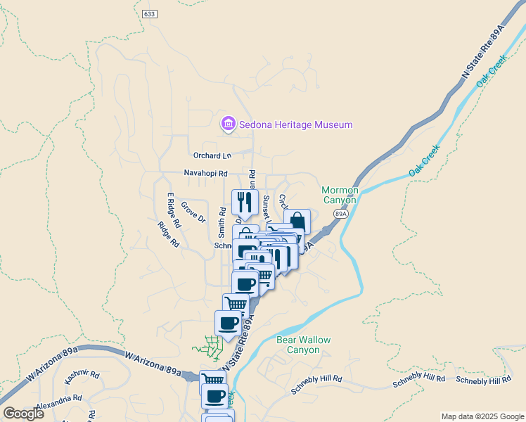 map of restaurants, bars, coffee shops, grocery stores, and more near 555 Sunset Lane in Sedona