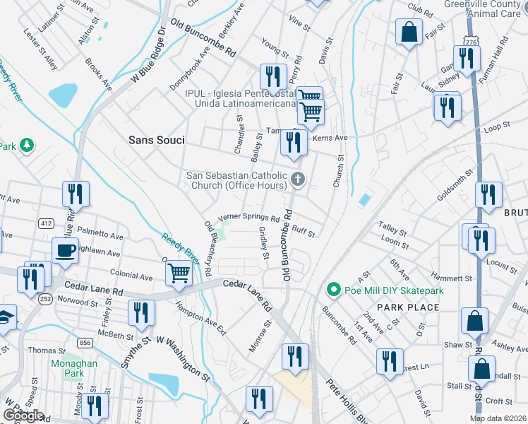 map of restaurants, bars, coffee shops, grocery stores, and more near 306 Gridley Street in Greenville