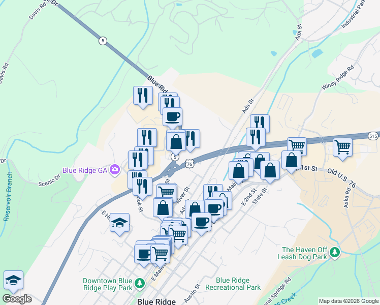 map of restaurants, bars, coffee shops, grocery stores, and more near 4223 Appalachian Highway in Blue Ridge