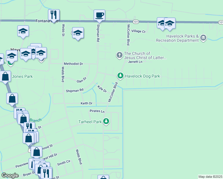 map of restaurants, bars, coffee shops, grocery stores, and more near 287 McCotter Boulevard in Havelock