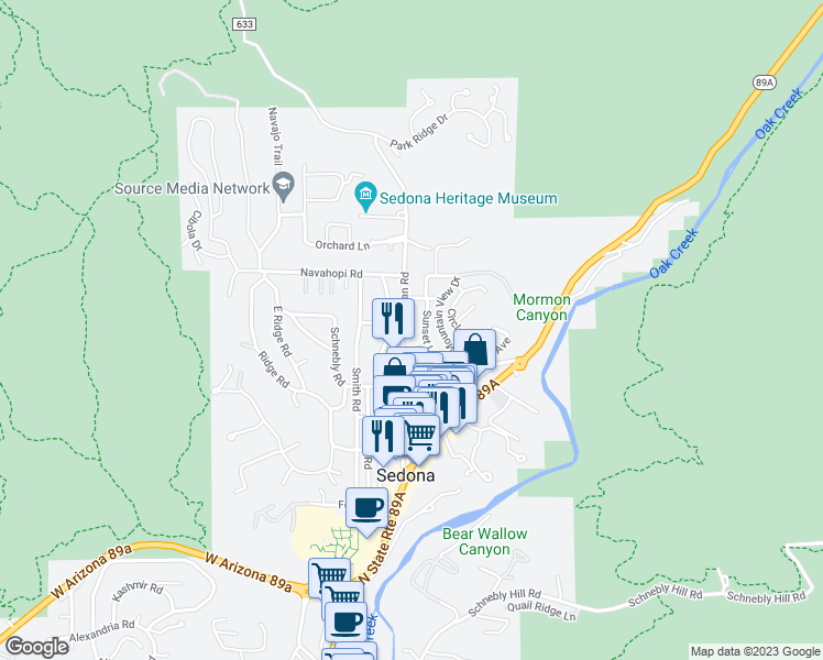 map of restaurants, bars, coffee shops, grocery stores, and more near 555 Sunset Lane in Sedona