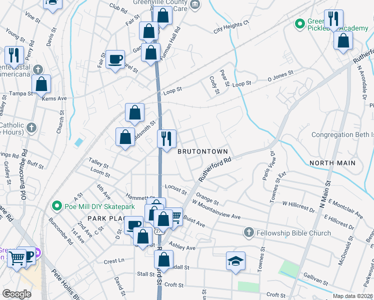 map of restaurants, bars, coffee shops, grocery stores, and more near 302 Old Paris Mountain Road in Greenville