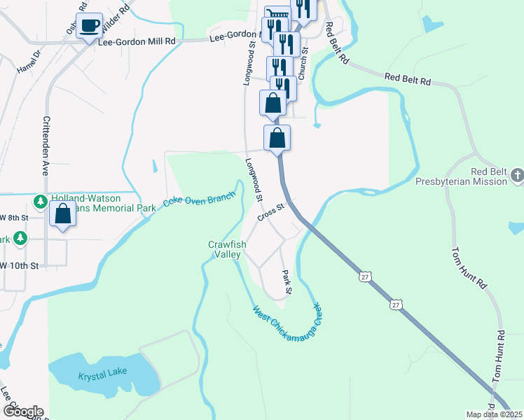 map of restaurants, bars, coffee shops, grocery stores, and more near 317 Longwood Street in Chickamauga