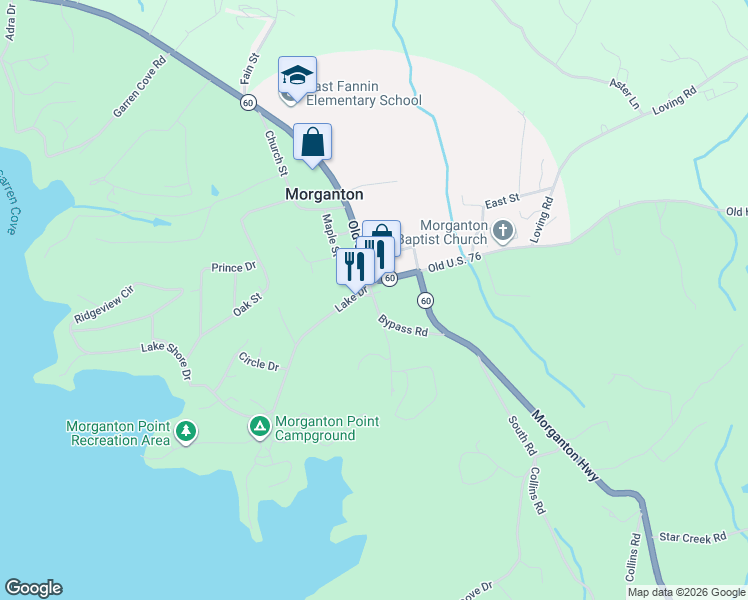 map of restaurants, bars, coffee shops, grocery stores, and more near 112 Bypass Road in Morganton