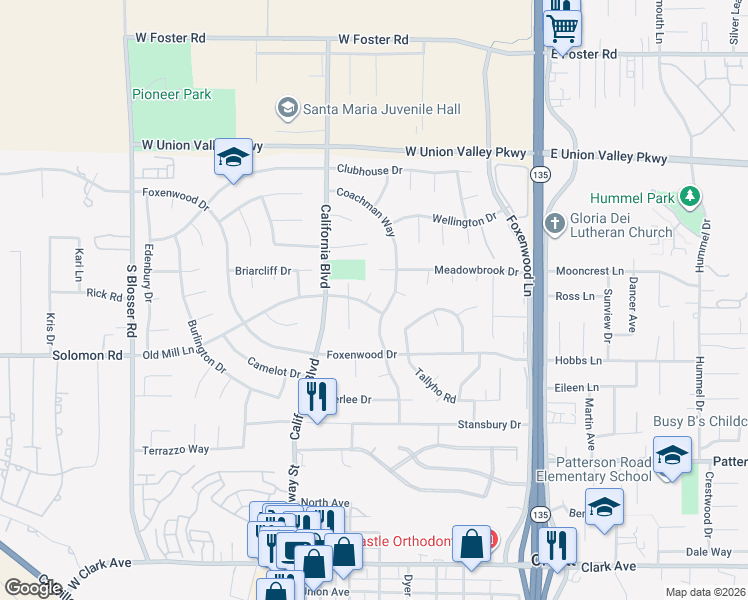map of restaurants, bars, coffee shops, grocery stores, and more near 4458 Old Mill Court in Santa Maria