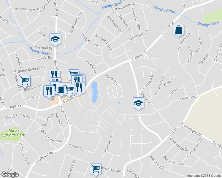 map of restaurants, bars, coffee shops, grocery stores, and more near 406 Cedar Pines Drive in Greenville