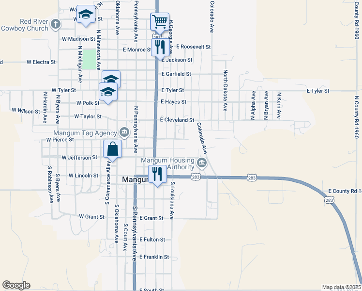 map of restaurants, bars, coffee shops, grocery stores, and more near 120 North Louisiana Avenue in Mangum