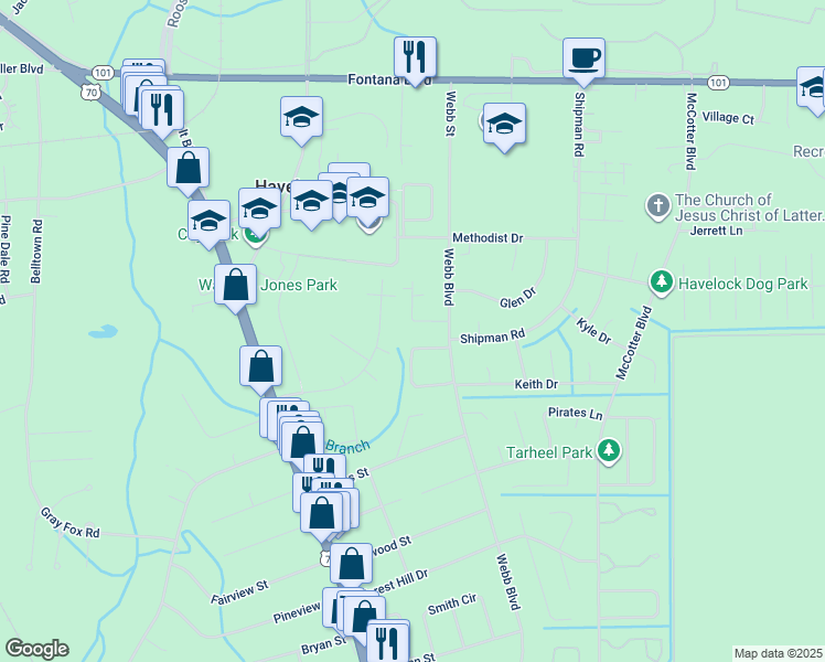 map of restaurants, bars, coffee shops, grocery stores, and more near 237 Cedar Ridge Lane in Havelock
