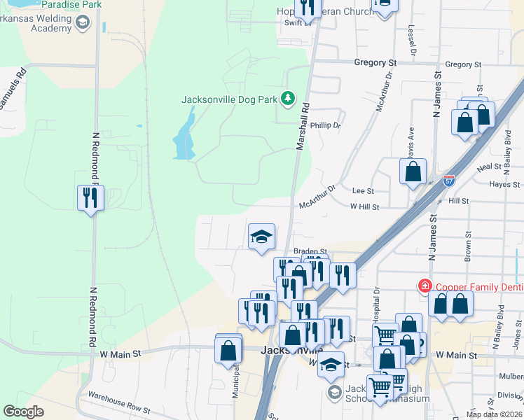 map of restaurants, bars, coffee shops, grocery stores, and more near 1712 Hill Road in Jacksonville
