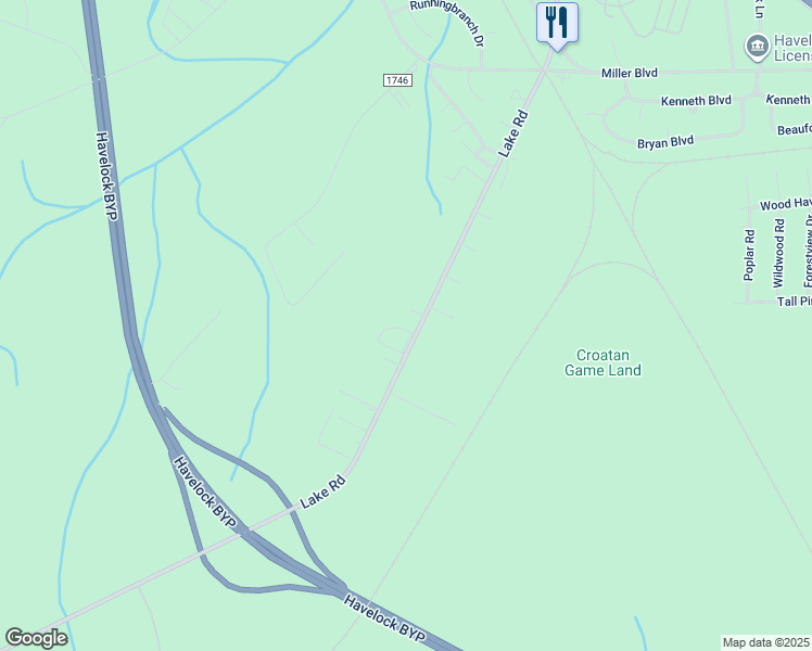 map of restaurants, bars, coffee shops, grocery stores, and more near 100 East Stirrup Lane in Havelock