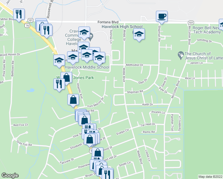 map of restaurants, bars, coffee shops, grocery stores, and more near 233 Cedar Ridge Lane in Havelock