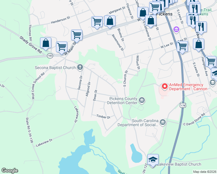 map of restaurants, bars, coffee shops, grocery stores, and more near 520 Secona Road in Pickens