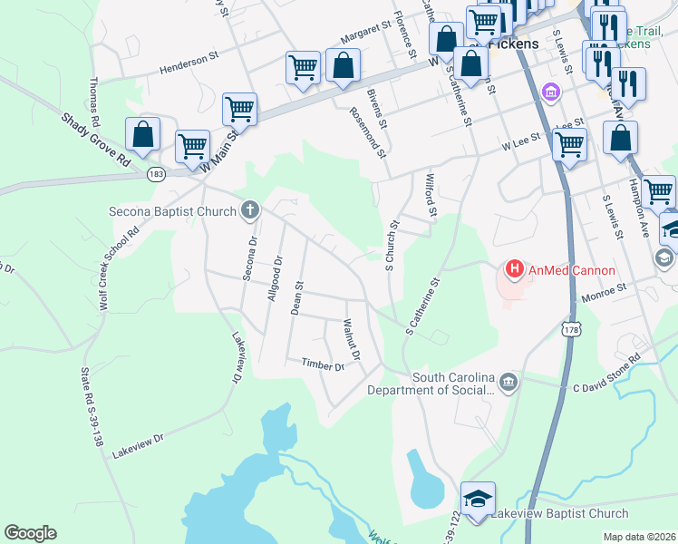 map of restaurants, bars, coffee shops, grocery stores, and more near 520 Secona Road in Pickens
