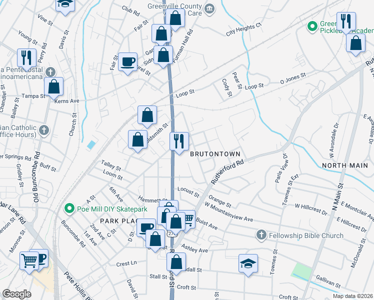 map of restaurants, bars, coffee shops, grocery stores, and more near 23 Earnhardt Street in Greenville