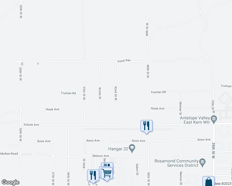 map of restaurants, bars, coffee shops, grocery stores, and more near 42nd Street West in Rosamond