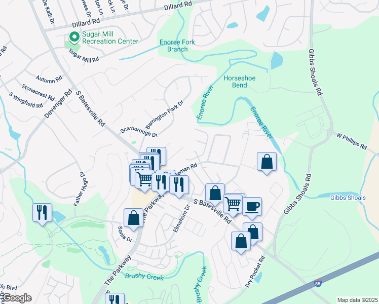 map of restaurants, bars, coffee shops, grocery stores, and more near 209 Coleman Grove Court in Greer