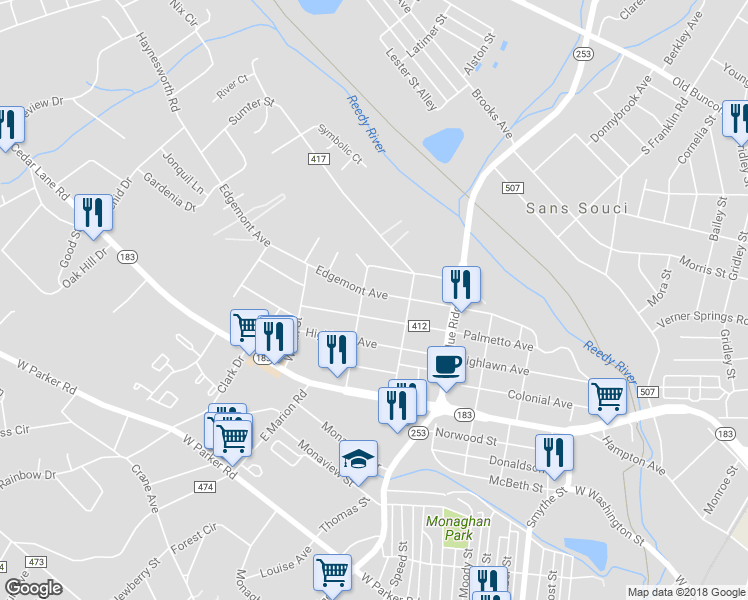 map of restaurants, bars, coffee shops, grocery stores, and more near 415 Edgemont Avenue in Greenville