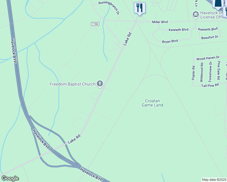 map of restaurants, bars, coffee shops, grocery stores, and more near 109 East Stirrup Lane in Havelock