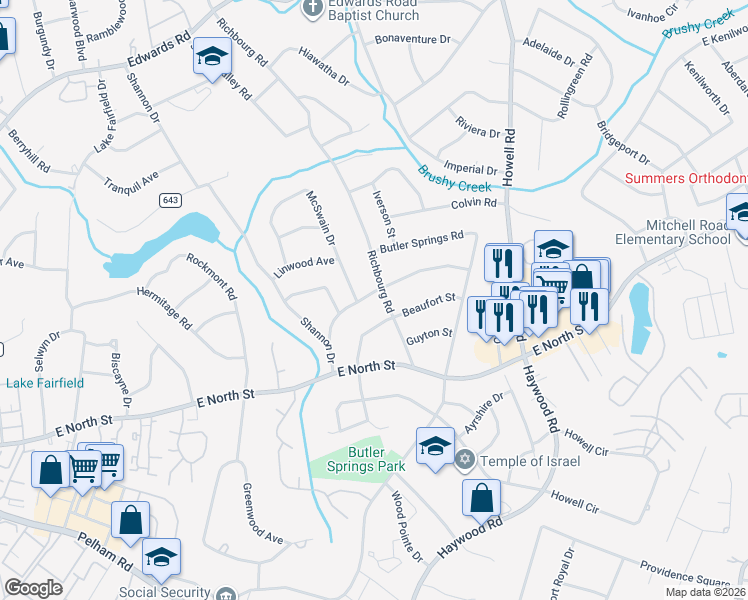 map of restaurants, bars, coffee shops, grocery stores, and more near 300 Mimosa Drive in Greenville