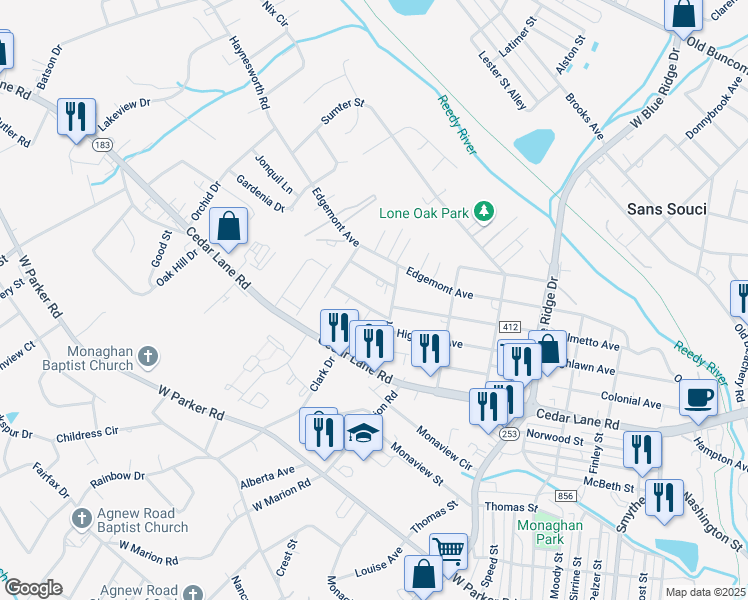 map of restaurants, bars, coffee shops, grocery stores, and more near 12 Savannah Street in Greenville