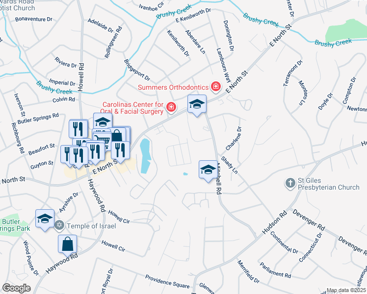 map of restaurants, bars, coffee shops, grocery stores, and more near 103 Pine Walk Drive in Greenville