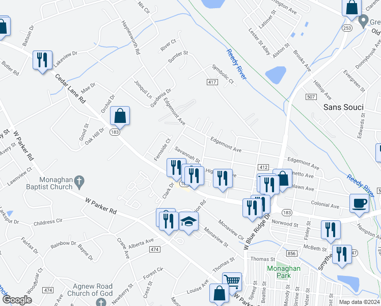 map of restaurants, bars, coffee shops, grocery stores, and more near 10 Savannah Street in Greenville