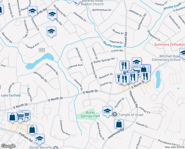 map of restaurants, bars, coffee shops, grocery stores, and more near 300 Mimosa Drive in Greenville