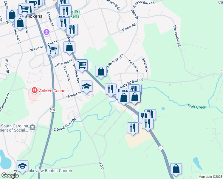 map of restaurants, bars, coffee shops, grocery stores, and more near 2900 Gentry Memorial Highway in Pickens