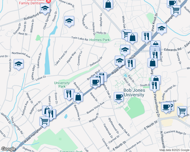 map of restaurants, bars, coffee shops, grocery stores, and more near 140 Bradley Boulevard in Greenville